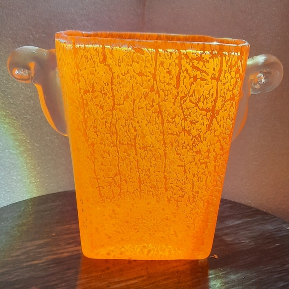 Amberina Other - Radiant Orange Glass Art Vase with Handles